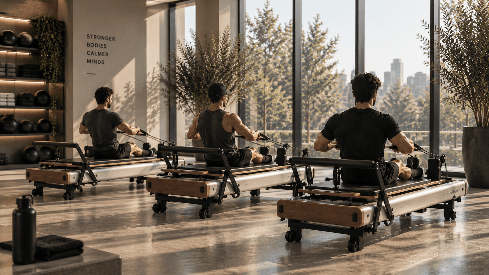 Men training together on reformer machines in a Broformer studio