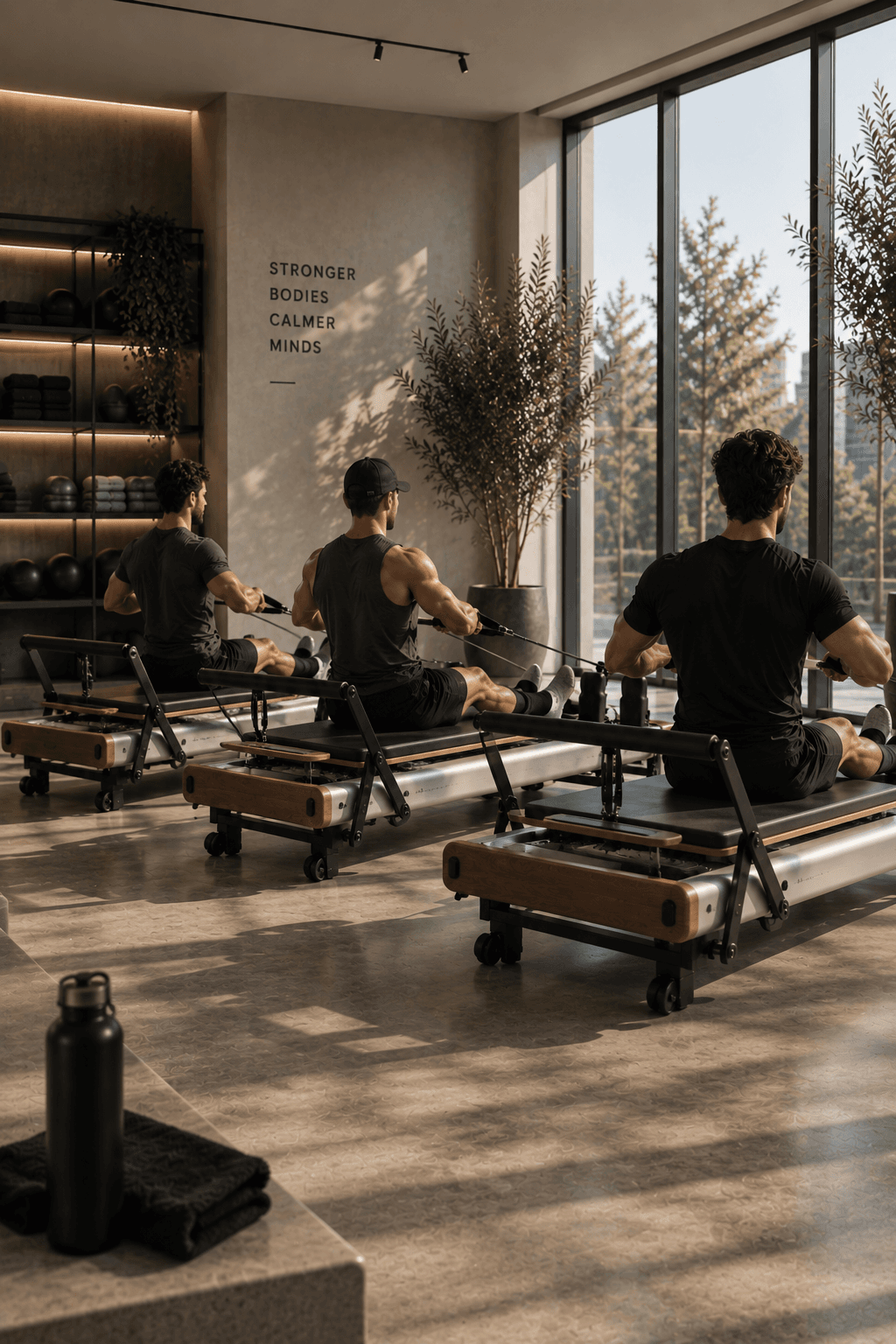 Men training together on reformer machines